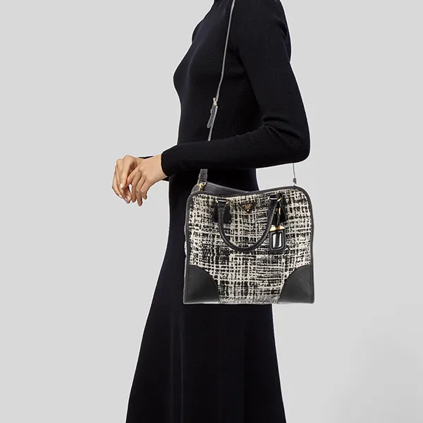 Túi Tote Nữ Prada Saffiano Trimmed Tela Tweed Màu Trắng Đen - Túi xách - Vua Hàng Hiệu