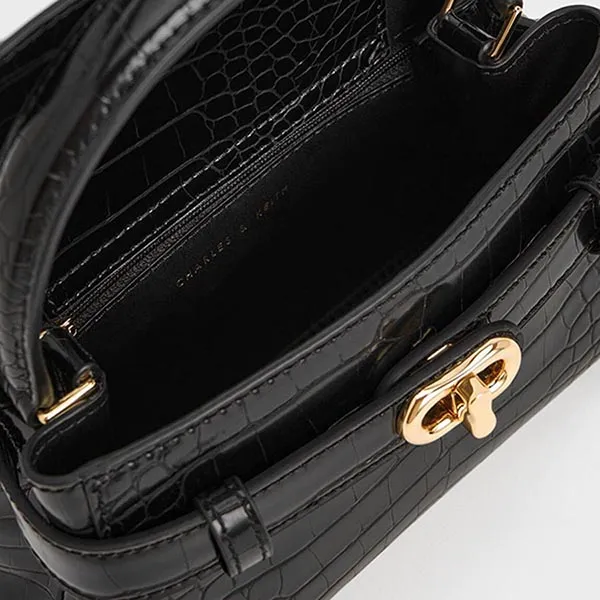 Túi Xách Nữ Charles & Keith CNK Aubrielle Croc-Effect Top Handle Bag Black 50270880-1 Màu Đen