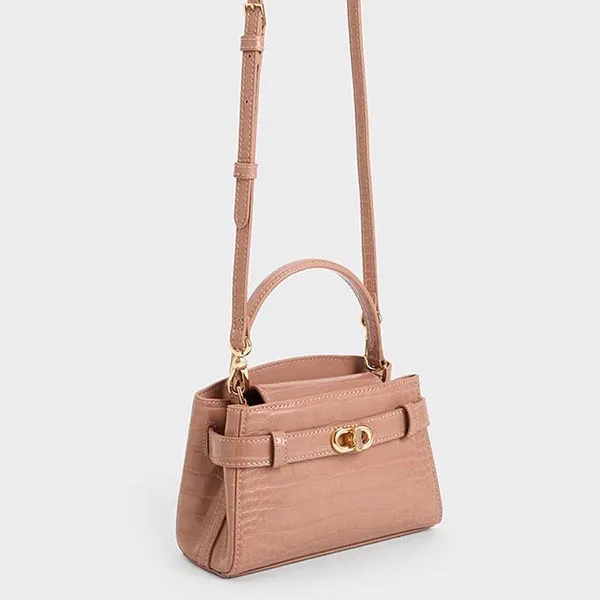 Túi Xách Nữ Charles & Keith CNK Aubrielle Croc-Effect Top Handle Bag Blush 50270880-1 Màu Hồng Nude