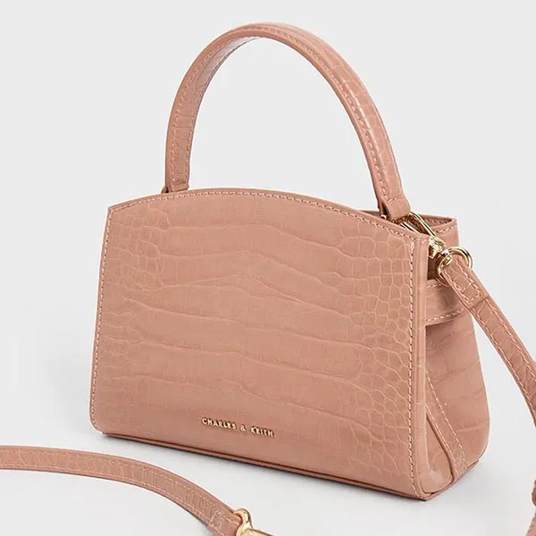 Túi Xách Nữ Charles & Keith CNK Aubrielle Croc-Effect Top Handle Bag Blush 50270880-1 Màu Hồng Nude