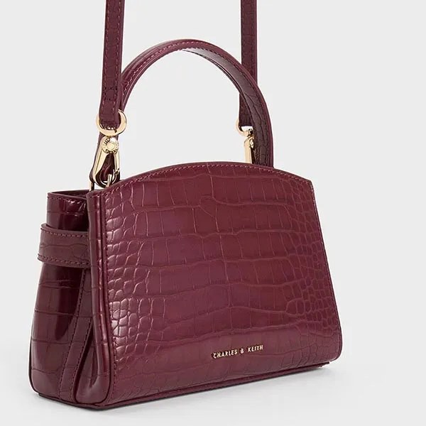 Túi Xách Nữ Charles & Keith CNK Aubrielle Croc-Effect Top Handle Bag Burgundy 50270880-1 Màu Đỏ Tía