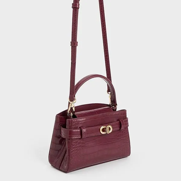 Túi Xách Nữ Charles & Keith CNK Aubrielle Croc-Effect Top Handle Bag Burgundy 50270880-1 Màu Đỏ Tía