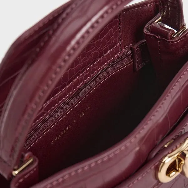 Túi Xách Nữ Charles & Keith CNK Aubrielle Croc-Effect Top Handle Bag Burgundy 50270880-1 Màu Đỏ Tía
