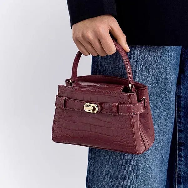 Túi Xách Nữ Charles & Keith CNK Aubrielle Croc-Effect Top Handle Bag Burgundy 50270880-1 Màu Đỏ Tía