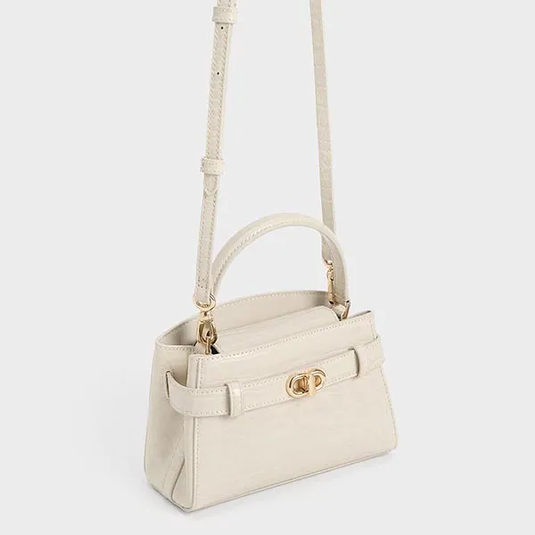 Túi Xách Nữ Charles & Keith CNK Aubrielle Croc-Effect Top Handle Bag Ivory CK2-50270880-1 Màu Trắng Ngà