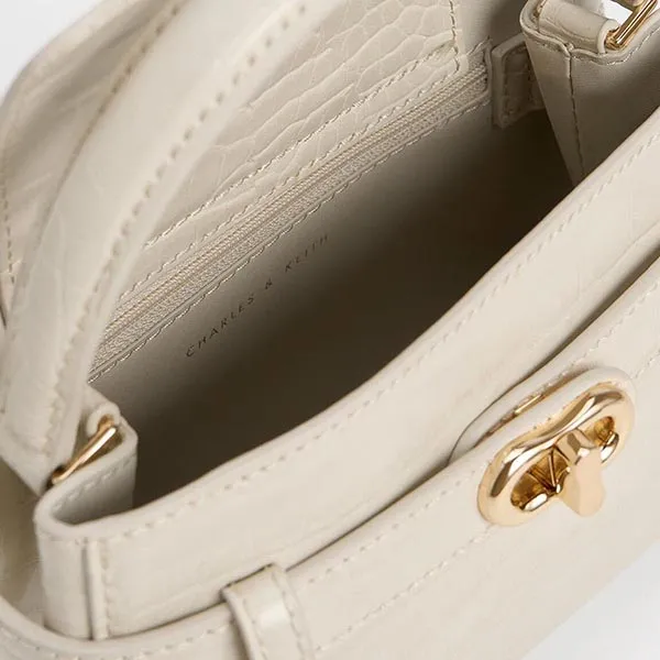 Túi Xách Nữ Charles & Keith CNK Aubrielle Croc-Effect Top Handle Bag Ivory CK2-50270880-1 Màu Trắng Ngà
