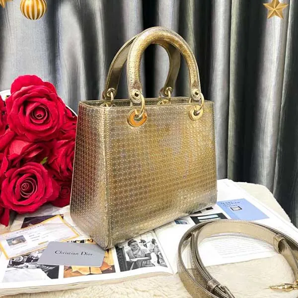 Túi Xách Nữ Christian Dior Lady Medium Gold Metallic Calfskin Bag Màu Vàng Đồng - Túi xách - Vua Hàng Hiệu