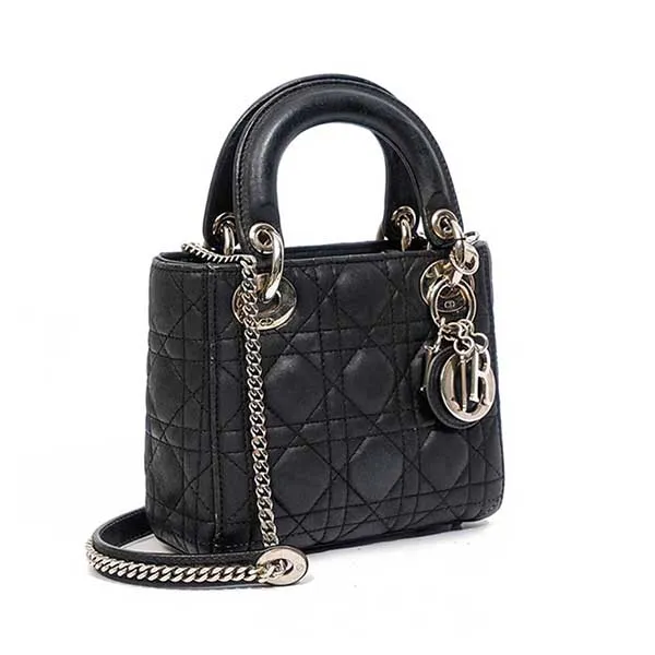 Túi Xách Nữ Christian Dior Lady Mini Bag Metallic Leather Black White Buckle Màu Đen