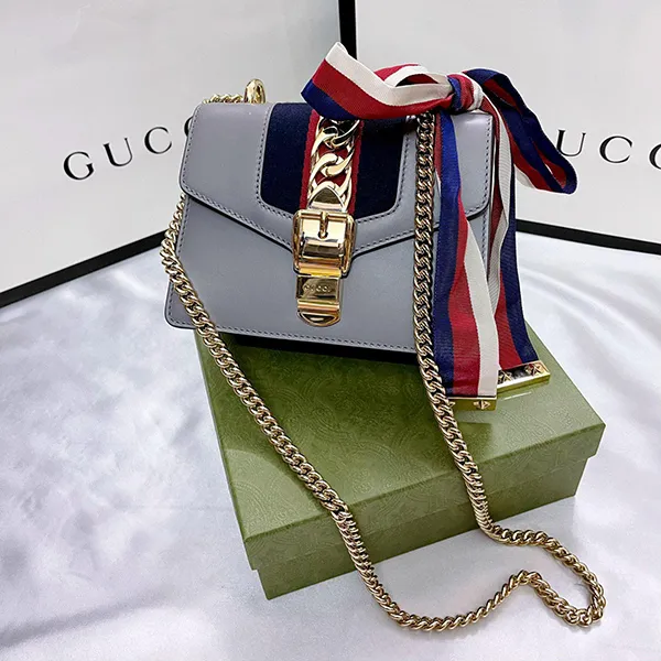 Túi Xách Nữ Gucci Grey Calf Leather Sylvie Chain Mini Shoulder Bag Màu Xám - Túi xách - Vua Hàng Hiệu