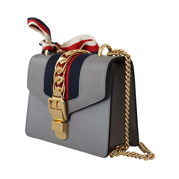 Túi Xách Nữ Gucci Grey Calf Leather Sylvie Chain Mini Shoulder Bag Màu Xám - Túi xách - Vua Hàng Hiệu