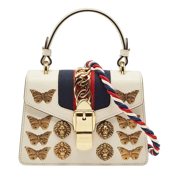 Túi Xách Tay Nữ Gucci Beige Leather Mini Sylvie Animal Stud Embellished Top Handle Bag Màu Be