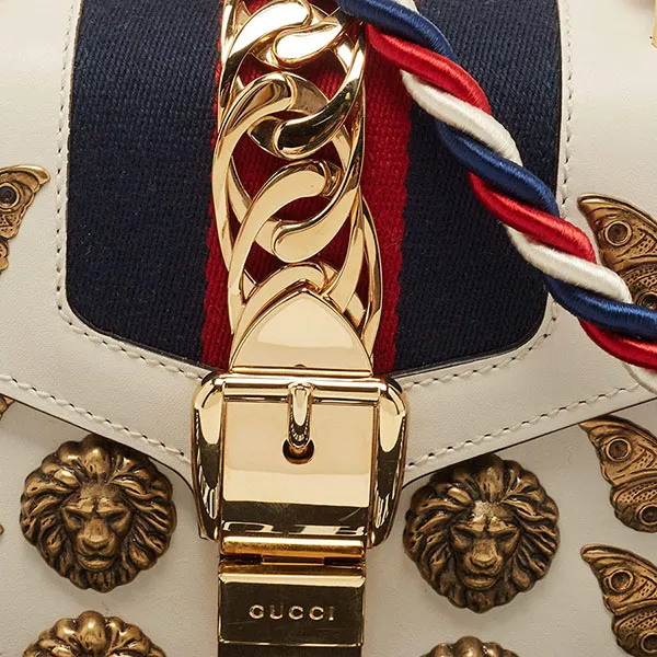 Túi Xách Tay Nữ Gucci Beige Leather Mini Sylvie Animal Stud Embellished Top Handle Bag Màu Be