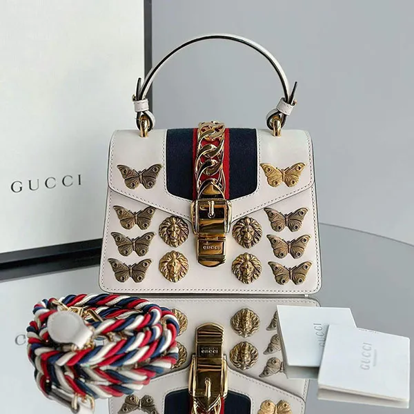 Túi Xách Tay Nữ Gucci Beige Leather Mini Sylvie Animal Stud Embellished Top Handle Bag Màu Be