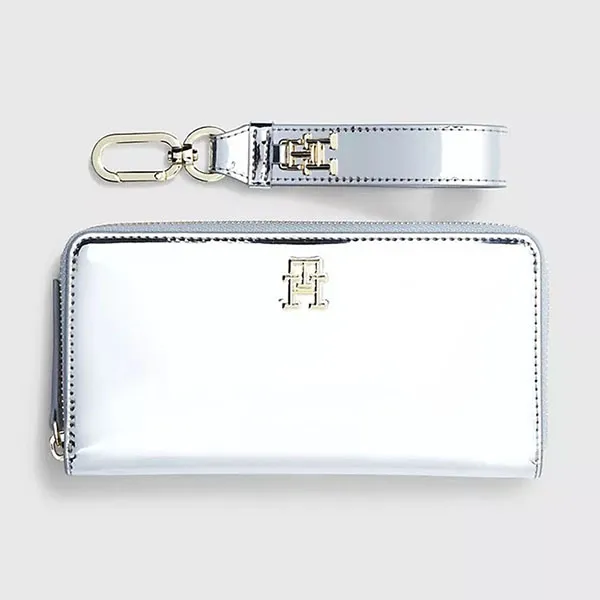 Ví Nữ Tommy Hilfiger TH Logo Shimmer Wallet Wristlet Metallic Silver AW15658 970 Màu Trắng Bạc