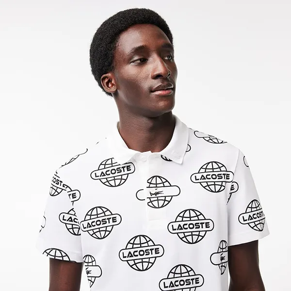 Áo Polo Nam Lacoste Men's Globe Print Movement PH1175 51 AU8 Màu Trắng Họa Tiết Size S
