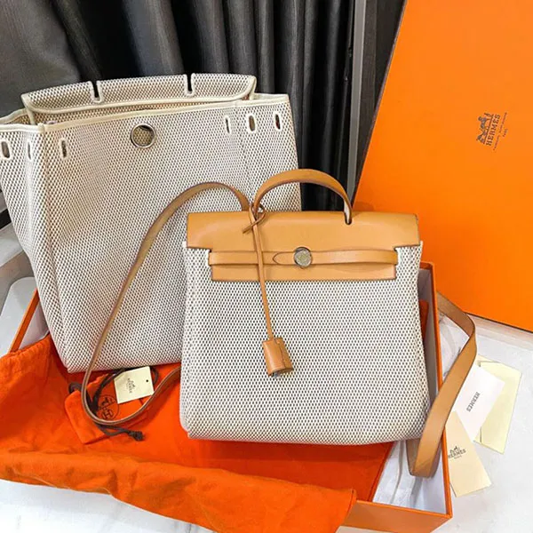 Set Balo Nữ Hermès Herbag MM 2 In 1 Shoulder Handbag Natural Toile Màu Be Nâu - Túi xách - Vua Hàng Hiệu