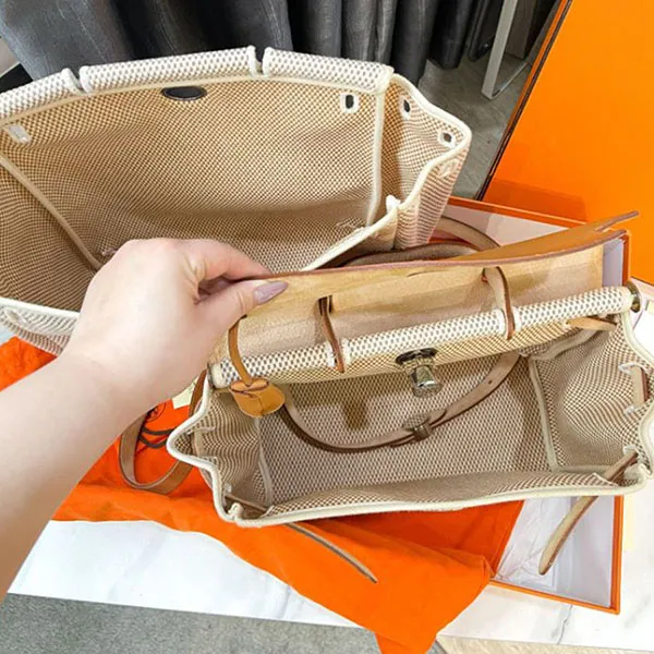 Set Balo Nữ Hermès Herbag MM 2 In 1 Shoulder Handbag Natural Toile Màu Be Nâu - Túi xách - Vua Hàng Hiệu