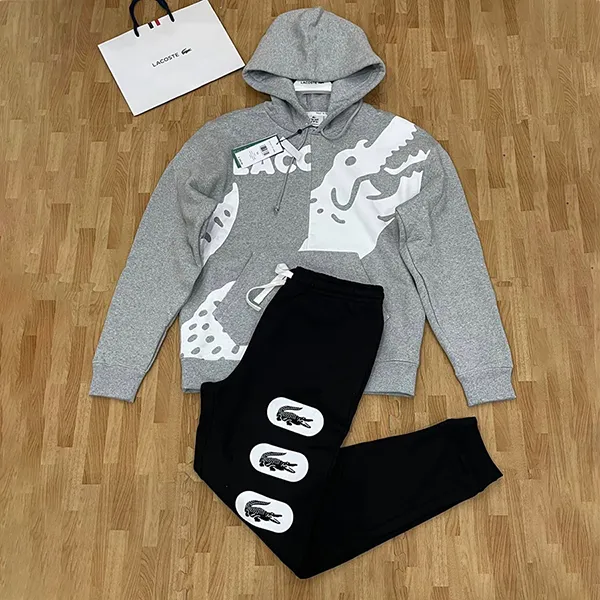 Bộ Quần Áo Nỉ Nam Lacoste Crocodile Print Parka Màu Xám Đen