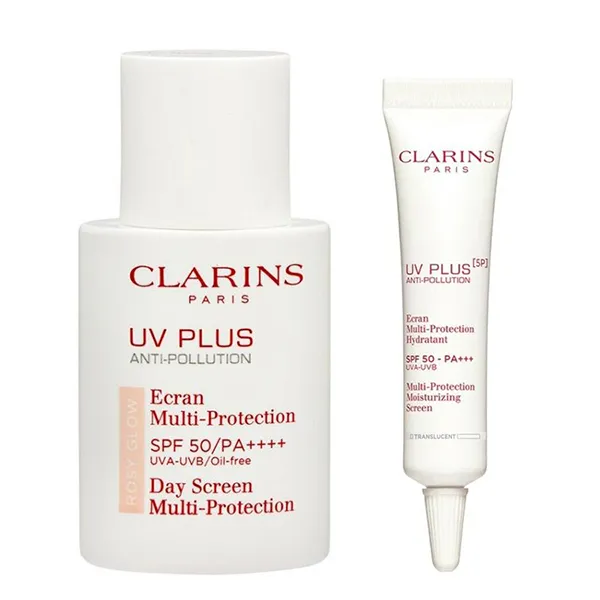 Combo Kem Chống Nắng Clarins (UV Plus Rosy Glow SPF50/PA++++ Màu Hồng 50ml + UV Plus [5P] SPF 50 PA+++ Translucent Không Màu 10ml)