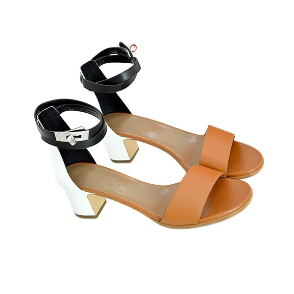 Dép Cao Gót Nữ Hermès Manage Kelly Hardware Leather Strap Sandals Màu Nâu Trắng Size 38