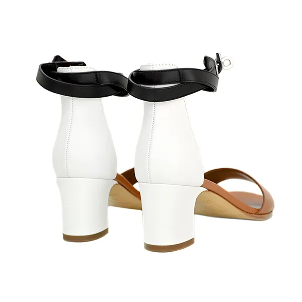 Dép Cao Gót Nữ Hermès Manage Kelly Hardware Leather Strap Sandals Màu Nâu Trắng Size 38