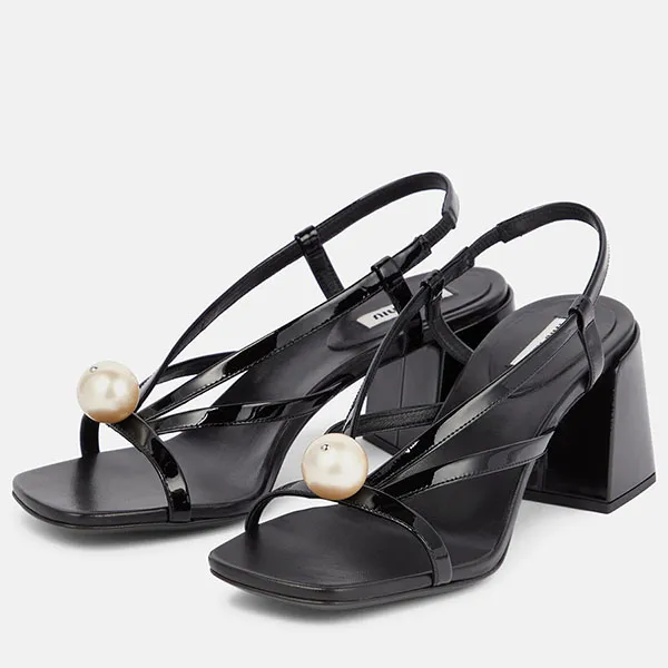 Dép Cao Gót Nữ Miu Miu Embellished Patent Leather Sandals Màu Đen Size 38