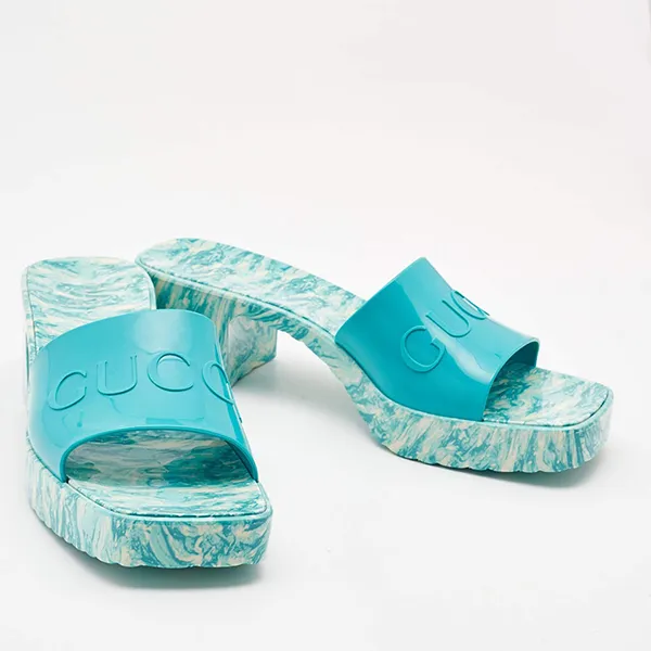 Dép Sandals Nữ Gucci Green Rubber Marble Detail Block Heel Slide Màu Xanh Họa Tiết Size 38