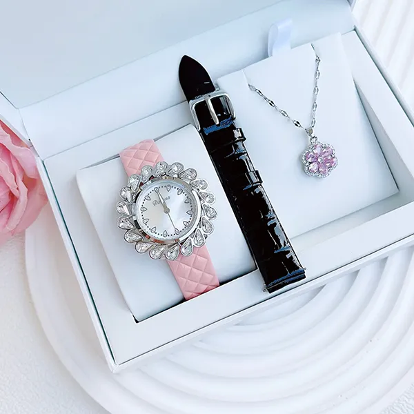 Đồng Hồ Nữ Davena Quartz Watch 31000 Màu Đen (Kèm Dây Da Hồng + Dây Chuyền) - Đồng hồ - Vua Hàng Hiệu