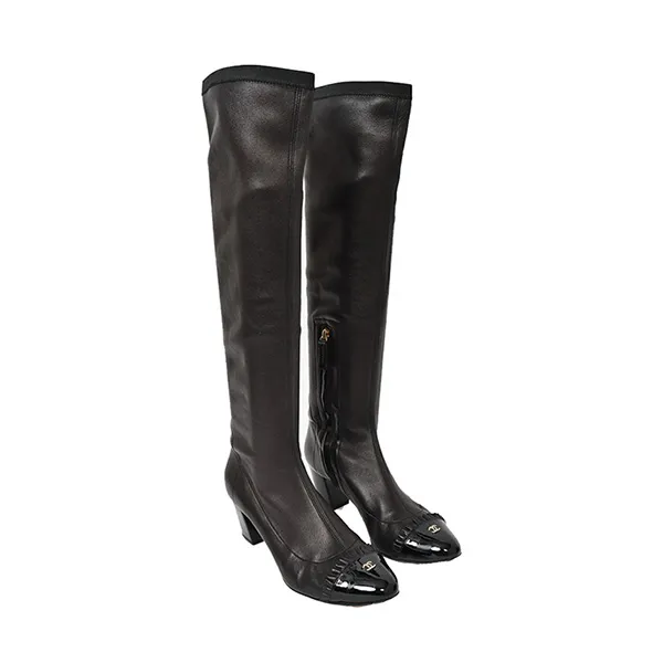 Giày Boot Nữ Chanel Black Leather Ruffle CC Cap Toe Knee High Heeled Màu Đen Size 36