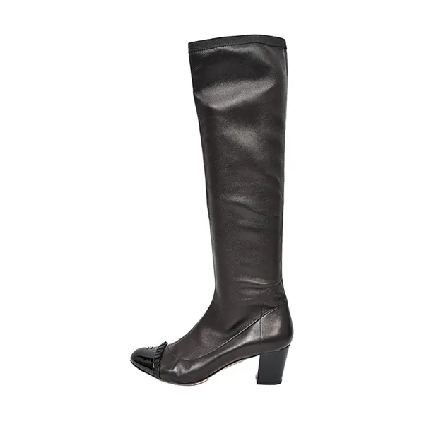 Giày Boot Nữ Chanel Black Leather Ruffle CC Cap Toe Knee High Heeled Màu Đen Size 36