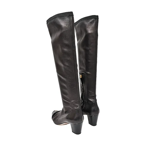 Giày Boot Nữ Chanel Black Leather Ruffle CC Cap Toe Knee High Heeled Màu Đen Size 36