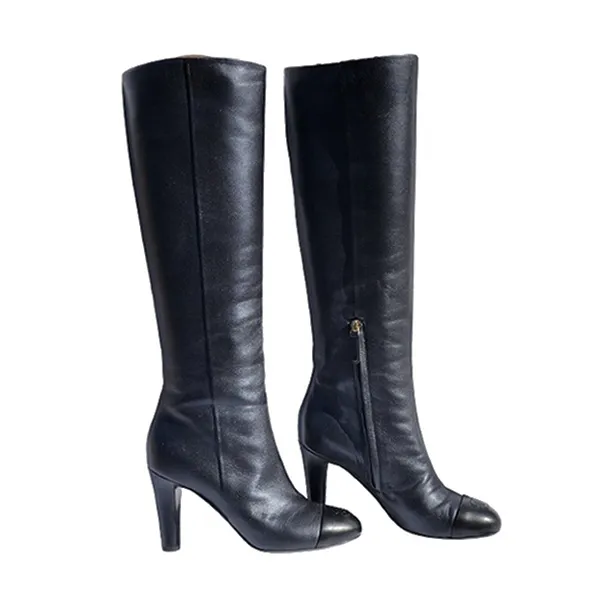 Giày Boot Nữ Chanel Calfskin Leather Kneehigh Màu Đen Size 36.5