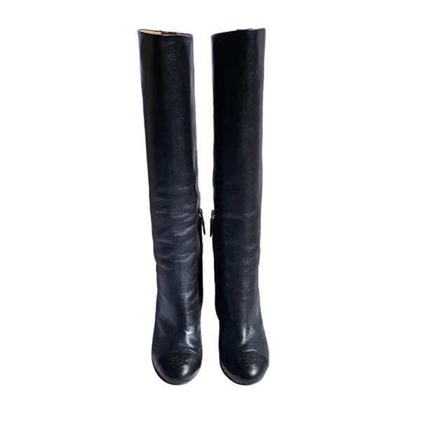 Giày Boot Nữ Chanel Calfskin Leather Kneehigh Màu Đen Size 36.5