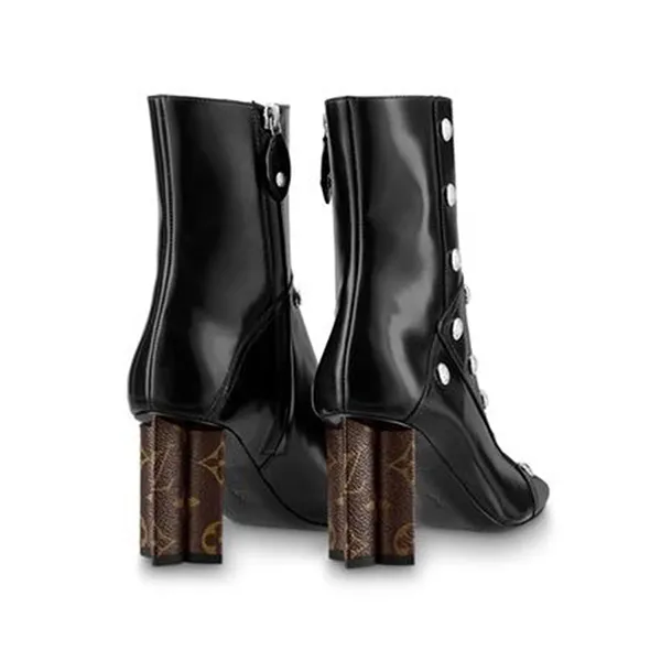 Giày Boot Nữ Louis Vuitton LV Monogram Casual Style Studded Plain Leather Block Heels Màu Đen Size 36