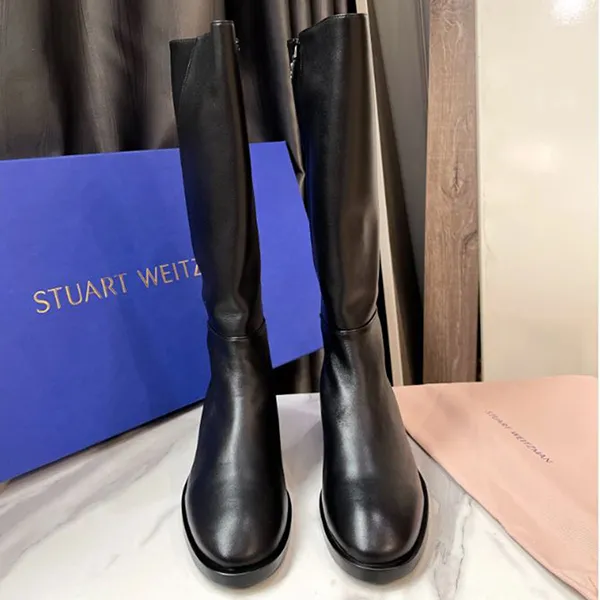 Giày Boot Nữ Stuart Weitzman Keelan Black Leather SW Logo Riding Màu Đen Size 37.5