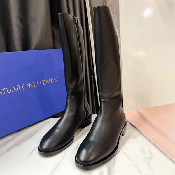 Giày Boot Nữ Stuart Weitzman Keelan Black Leather SW Logo Riding Màu Đen Size 37.5