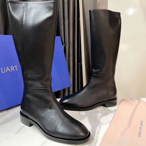 Giày Boot Nữ Stuart Weitzman Keelan Black Leather SW Logo Riding Màu Đen Size 37.5