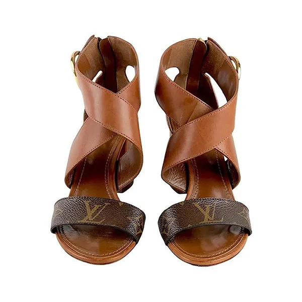 Giày Cao Gót Louis Vuitton LV Brown Monogram Canvas and Leather Ocean Drive Ankle Strap Sandals Màu Nâu Size 38.5 - Giày - Vua Hàng Hiệu
