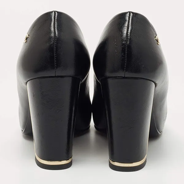 Giày Cao Gót Nữ Chanel Black Leather Cap Toe CC Block Heel Màu Đen Size 35.5