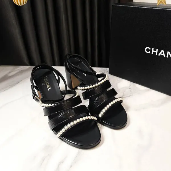 Giày Cao Gót Nữ Chanel Pearl Strap Sandals Màu Đen Size 36.5
