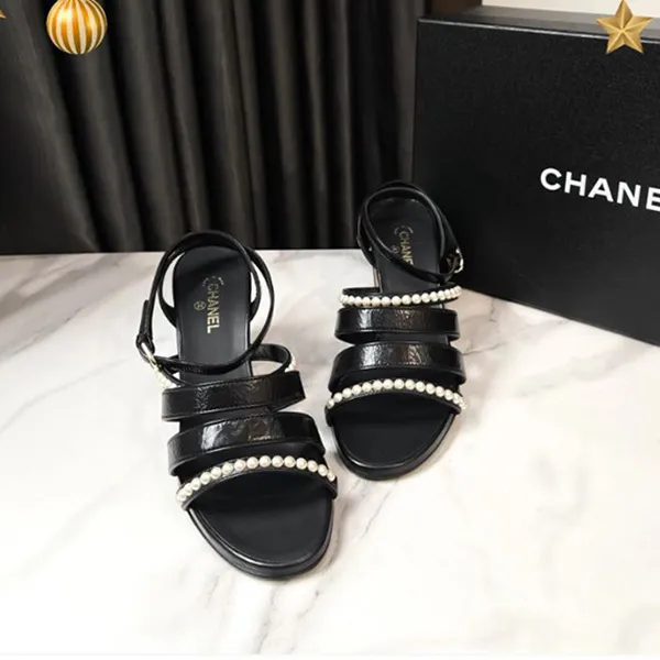 Giày Cao Gót Nữ Chanel Pearl Strap Sandals Màu Đen Size 36.5