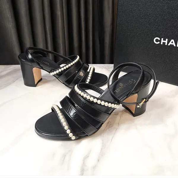 Giày Cao Gót Nữ Chanel Pearl Strap Sandals Màu Đen Size 36.5