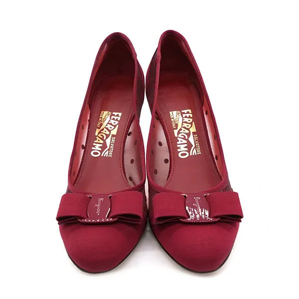 Giày Cao Gót Nữ Salvatore Ferragamo Polkadot Mesh And Fabric Vara Bow Pumps Màu Đỏ Đô Size 6