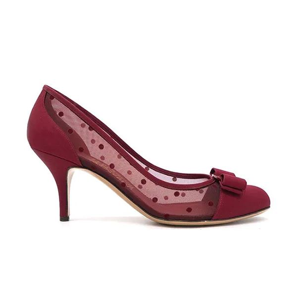 Giày Cao Gót Nữ Salvatore Ferragamo Polkadot Mesh And Fabric Vara Bow Pumps Màu Đỏ Đô Size 6