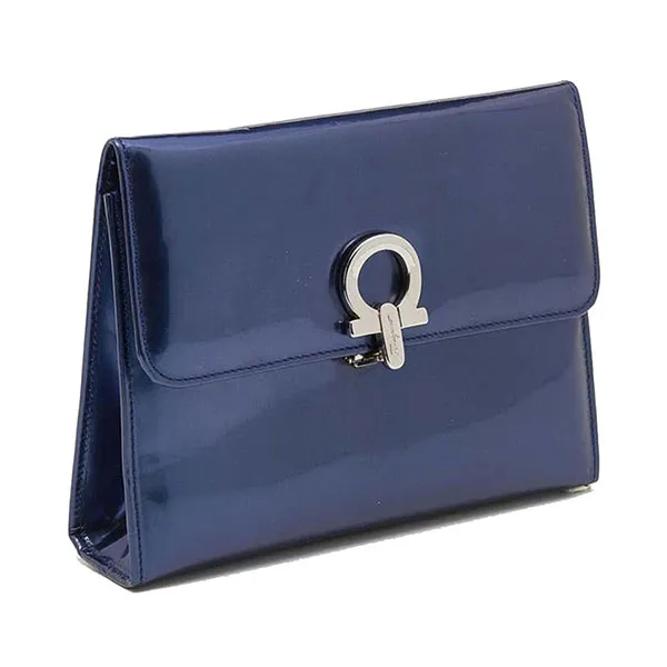 Túi Cầm Tay Nữ Salvatore Ferragamo Navy Blue Patent Leather Gancini Lock Flap Clutch Màu Xanh Navy - Túi xách - Vua Hàng Hiệu
