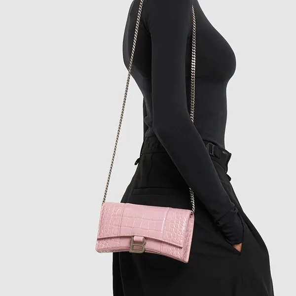Túi Đeo Chéo Nữ Balenciaga Hourglass Shiny Crocodile Embossed Chain Wallet Màu Hồng - Túi xách - Vua Hàng Hiệu