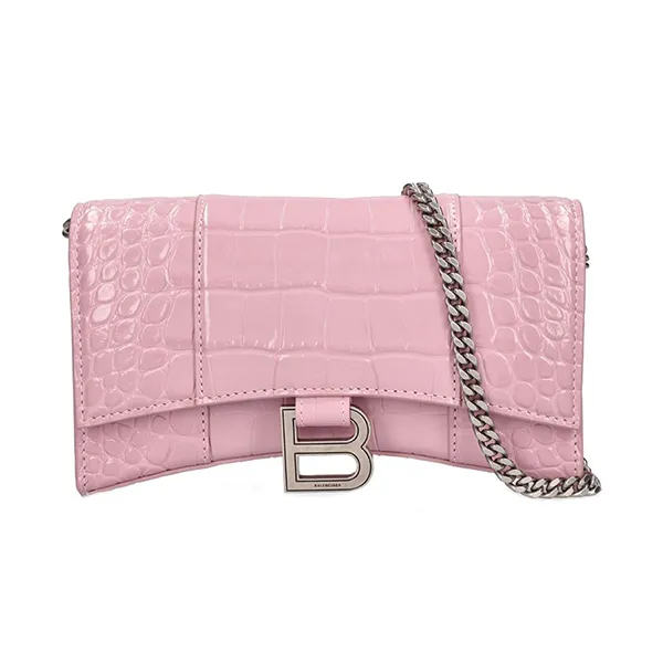 Túi Đeo Chéo Nữ Balenciaga Hourglass Shiny Crocodile Embossed Chain Wallet Màu Hồng - Túi xách - Vua Hàng Hiệu