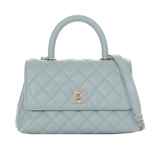Túi Đeo Chéo Nữ Chanel Small Coco Handle Caviar Light Gold Hardware Màu Xanh
