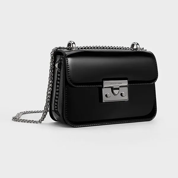 Túi Đeo Chéo Nữ Charles & Keith CNK Alia Patent Chain-Strap Crossbody Bag Black CK2-80701391 Màu Đen