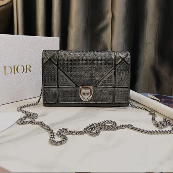 Túi Đeo Chéo Nữ Dior Metallic Silver Perforated Leather Diorama Wallet On Chain Bag Màu Bạc Đen
